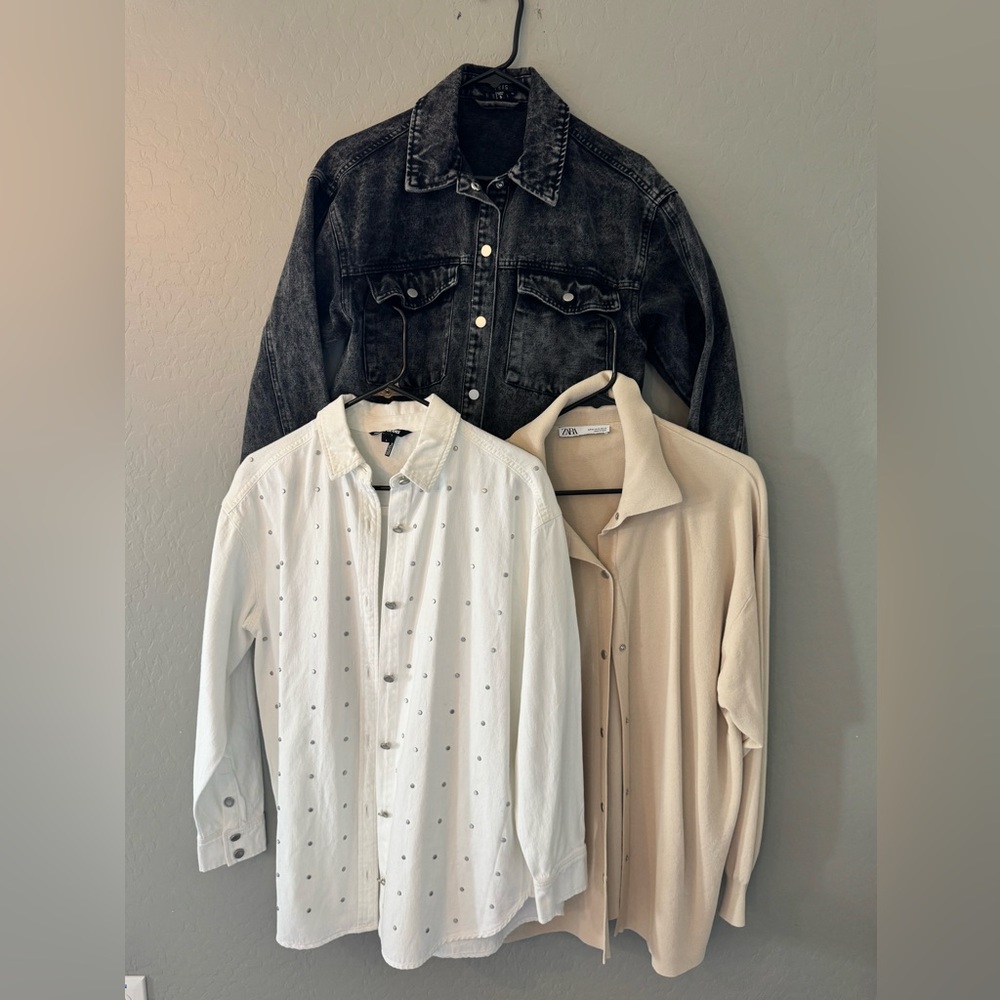 Jacket bundle black denim, White Embellished Shirt and Beige Shirt
